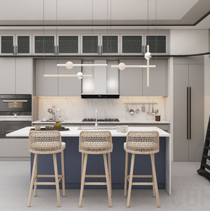 Ensemble de meubles de cuisine modernes et minimalistes avec îlot, finition gris mat, plan de travail en quartz blanc, design sans poignées - Product Image 4