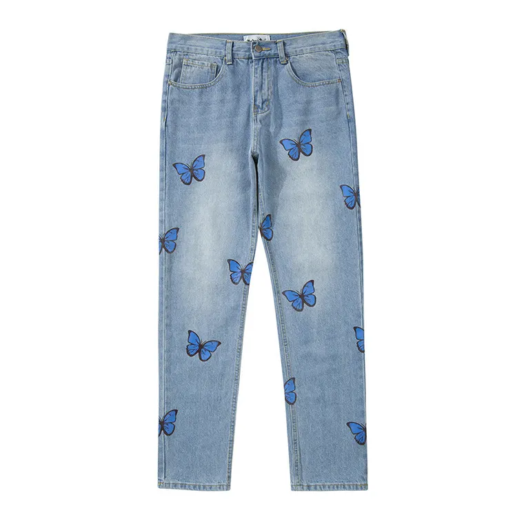 Neues Angebot Mode Frauen Schmetterling Print Jeans hose Casual Loose Blue Cute Cotton Pencil Jeans