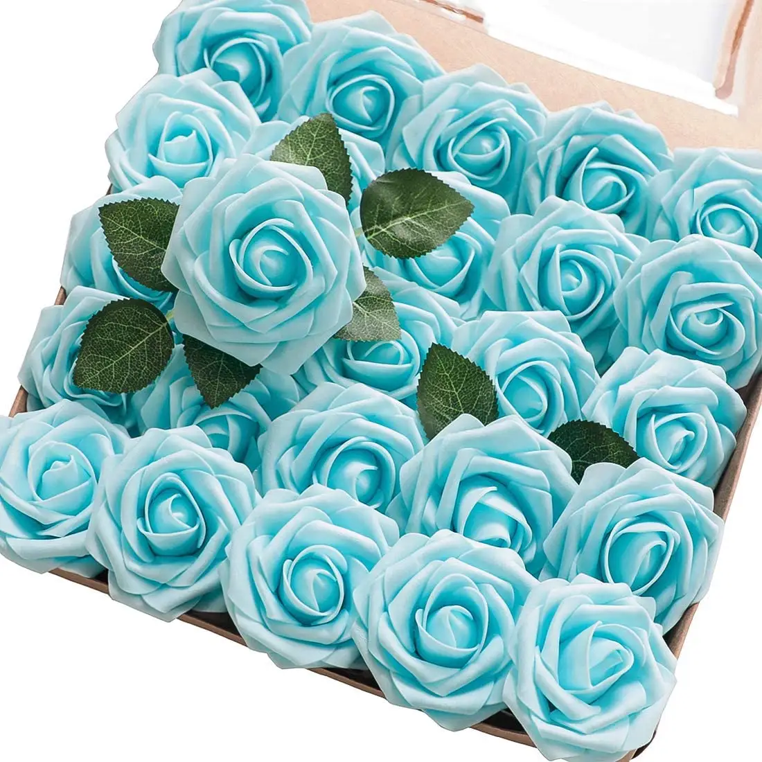Scatola di fiori artificiali rose in schiuma blu acqua dall'aspetto reale con steli per mazzi di nozze fai da te centrotavola per addio al nubilato