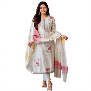 Traditional <b>Indian</b> Pakistani Women's Cotton <b>Kurta</b> Set With Floral Embroidery Ankle-Length Casual Wear Regular Fit - Product Image 1