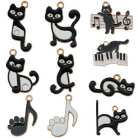 Pendentif en alliage avec motif de chat noir mignon de dessin animé, notes de piano, goutte d'huile, pour collier DIY et accessoires de chaîne de téléphone portable