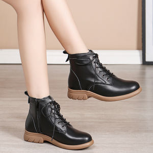 Bottes mi-mollet en cuir véritable marron vintage pour femmes, bottes décontractées à lacets, confortables et doublées de polaire pour le printemps et l'automne - Product Image 3