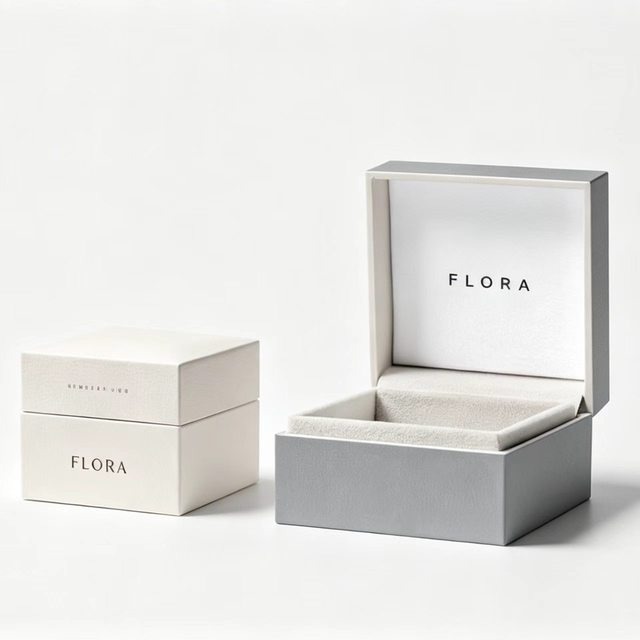 Minimalist White Grey Textured Flip Jewelry Box Black Printed