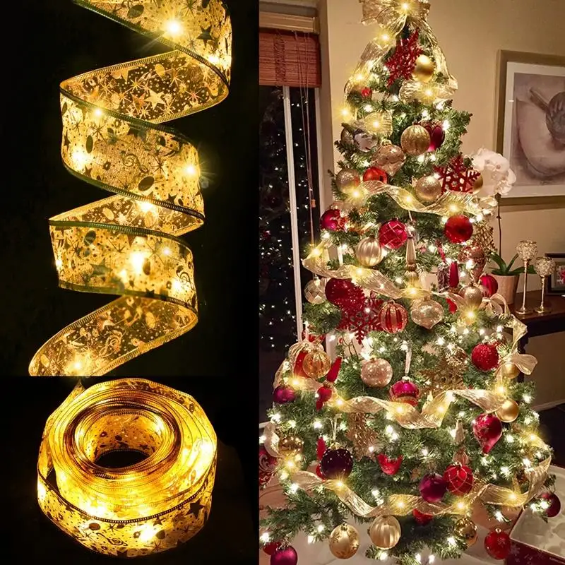 Adornos para árboles de Navidad cinta lazos de luz de hadas Navidad Natal Año Nuevo 2023 luces de cadena LED árbol de Navidad