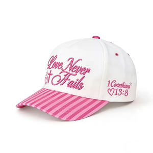 Casquette de baseball 5 panneaux personnalisée en gros avec broderie 3D en relief, visière rayée rose et blanche, réglable, en coton, style rétro, avec fermeture snapback - Product Image 5