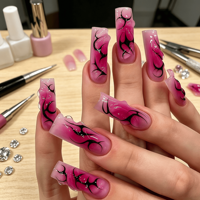 24 faux ongles carrés extra longs rose et noir style gothique flamme, à presser, avec bord ondulé 3D, en acrylique Y2K pour femme, pour soirée