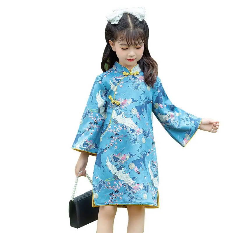 Stil Prinzessinnenkleid Tanganzug Hanfu Prinzessinnenkinder Minikleid Sommerdruck chinesisches Taffeta hellblau Unterstützung SUNNY ärmellos