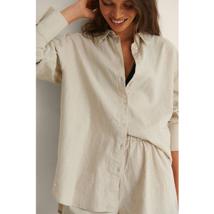 OEM Custom Women Casual Loungewear <span class=keywords><strong>lino</strong></span> manica lunga Botton Down camicia con colletto abbigliamento da spiaggia camicia da casa camicetta 2 pezzi set pantaloncini - Product Image 4