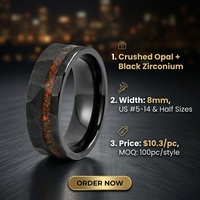 Bague TIZTI en Zirconium Noir Martelé de 8 mm avec Incrustation d'Opale de Feu Colorée Décalée, Ne Se Décolore Jamais, Bagues pour Hommes en Zirconium Noir