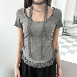 Camiseta de Manga Corta Estilo Coreano, con Encaje, Cuello Redondo, Ajustada, Ecológica, con Cintura Plizada, Versátil e Irregular - Product Image 5