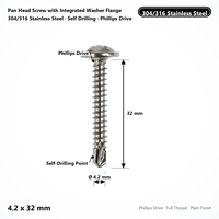 Vis à tête cylindrique avec bride et rondelle intégrées, acier inoxydable 304/316, autoperceuse, 4,2 x 32 mm, à empreinte Phillips, pour tôles