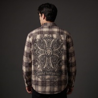 Chemise décontractée vintage à carreaux de qualité supérieure pour homme, avec motif tête de lion et dos croisé, imprimé graphique effet vieilli, en flanelle épaisse, style shacket, automne