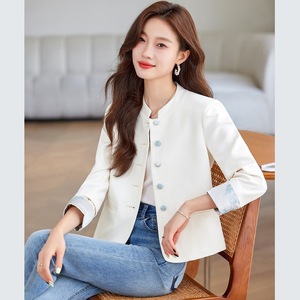 Women's White Chinese Style Blazer Short Jacket Spring 2025 Solid Color Polyester Fabric - Product Image 1
