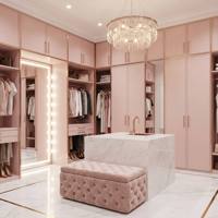 Dressing moderne de luxe rose poudré avec éclairage LED, poignées or rose, miroir en contreplaqué et meubles de chambre en cristal
