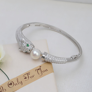 Brazalete Abierto de Plata S925 con Cabeza de Leopardo Semiterminado 1376 para Mujer con Perla, Accesorios de Joyería Personalizables DIY - Product Image 3