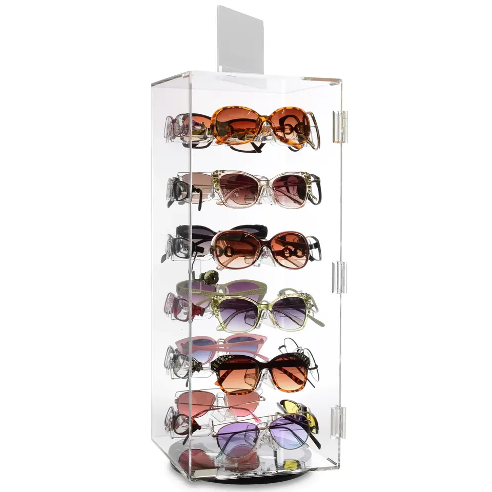 acrylic custom sunglasses display stand Acrylic Lockable Rotating Eyewear Display Rack Holder Stand With Mirror, 24 Frames