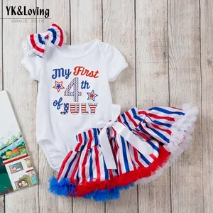 Pakaian bayi baru 2024 baju monyet Hari Kemerdekaan Amerika baju bayi bergaris pompadour gaun liburan bayi set