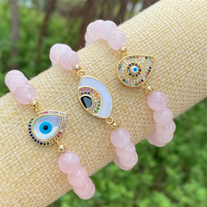 Braccialetto Elastico in Quarzo Rosa con Occhio del Diavolo, Charm Occhio del Diavolo in CZ, Braccialetti di Cristallo Curativo in Quarzo Rosa - Product Image 6