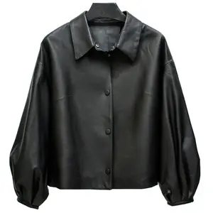 Plus Size Ladies Office Street Wear Plain Oversized Puff Balloon Long Sleeve Pu Faux Leather Blouse Women's Shirt Jacket