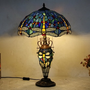 LongHuiJing 16Inch Yellow Dragonfly Stained Glass Lampshade Desk Light Tiffany Style <b>Table</b> <b>Lamp</b> With Lighted <b>Base</b> - Product Image 3