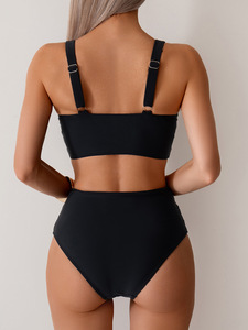 Ensemble bikini 2 pièces torsadé croisé pour femme, maillot de bain taille haute à bretelles larges et col en V, effet ventre plat, pour l'été et la plage, vente en gros - Product Image 4
