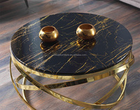 Table basse en marbre de luxe Table à thé en verre trempé à cadre en acier inoxydable doré simple avec lumières LED Ensemble de table centrale ronde