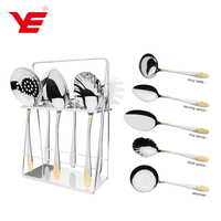 OEM Ensemble de 7 pièces en acier inoxydable 201 robuste #   Ensemble d'ustensiles de cuisine avec support doré effet miroir, incluant louche et cuillère à spaghetti