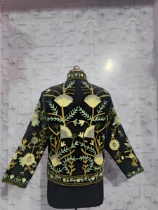 เสื้อแจ็คเก็ตซูซานีปักมือสุดหรูสำหรับผู้หญิง สีดำ ลายดอกไม้ปัก ผ้าฝ้าย - Product Image 3