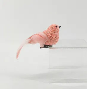 Искусственный мини-декоративный орнамент с перьями и розовыми птицами
