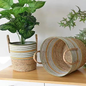 Handmade Rattan Woven <b>Basket</b> Round With Handles For Plant Storage And Organization Home Decor - Product Image 3