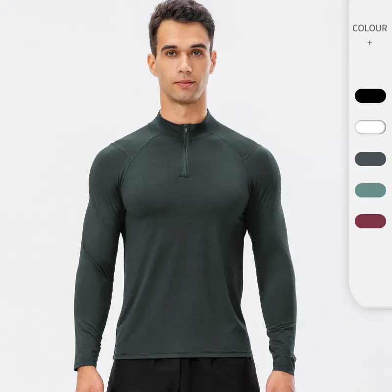 Polyester Slim Fit Activewear Half Zip Up Comprsssion Long Sleeve Workout T Shirt Fitness Apparel