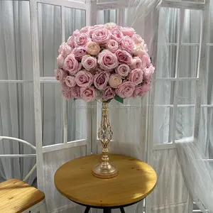 Karangan Bunga Sutra Merah Muda Bunga Bola Dekorasi Meja Pusat Pernikahan Bunga Buatan Bola Mawar