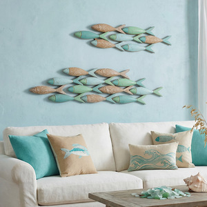 Mediterranean 3D Fish Wall Hanging Blue Wooden Home <b>Decor</b> Horizontal Irregular Shape - Product Image 1