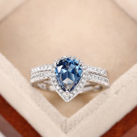 CAOSHI Bijoux en laiton tendance, bagues en cristal bleu goutte d'eau, revêtement argenté, fiançailles, zircon cubique, ensemble de bagues de mariage pour femmes