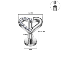 Anting Titanium G23 Bentuk Hati Teardrop Lengkung dengan CZ, Ulir Dalam, Flat Back Stud 16G untuk Helix, Tragus, Cartilage, dan Piercing Bibir