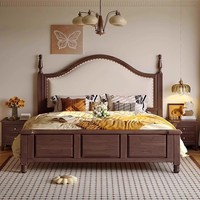 Amerikanisches Retro-Massivholzbett mit Gepolstertem Französischem Stil Doppelbett Echtes Leder Weiche Rückenlehne Vintage-Stil Bett