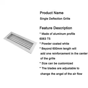 Sistema de ventilación de aire, rejilla de desviación única de aluminio con cuchillas ajustables