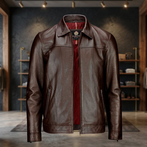 BS International Unisex Genuine Calf Leather Canvas <b>Racer</b> <b>Jacket</b> Mandarin Collar Zipper Closure Waterproof Windproof Breathable - Product Image 1