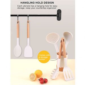 Juego de 7 utensilios de cocina de silicona antiadherentes con mango de madera y resistencia al calor + Accesorios para hornear y cocinar al por mayor - Product Image 5