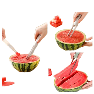 Ensemble 3-en-1 en acier inoxydable : coupe-pastèque, fourchette, trancheuse et couteau – Outil de découpe en plastique durable et écologique, également pour la fabrication de glaces - Product Image 2