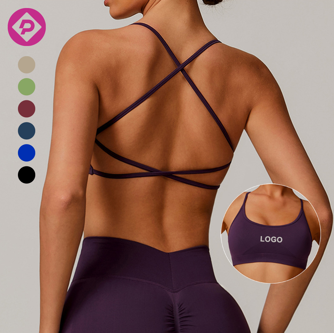 Custom Logo Seamless Yoga Quick-Dry Fitness Tank Top Straps Breathable Cross Back Running Gym Sports Bra