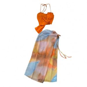 Conjunto Casual de Verano de 2 Piezas para Mujer, Top Corto Tipo Halter, Falda Estampada de Cintura Alta, Antiarrugas, Poliéster/Algodón, para Vacaciones - Product Image 5