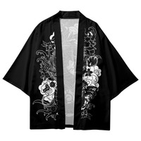 Kimono traditionnel imprimé Dragon dessin animé noir et blanc pour hommes et femmes, Cardigan de Cosplay Yukata, chemise samouraï japonais Haori