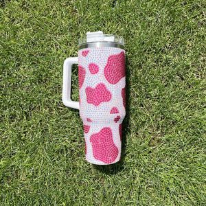 25PACK Super Sparkly Rhinestone Bling studded Milk <strong>Cowprint</strong> 40oz Double Wall Stainless Steel Tumbler With Handle Lid and Straw - Product Image 5