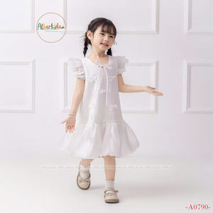 Vestido de niña con lazo en el pecho Vestido casual de niña para Primavera Verano con mangas cortas de gasa - Product Image 1