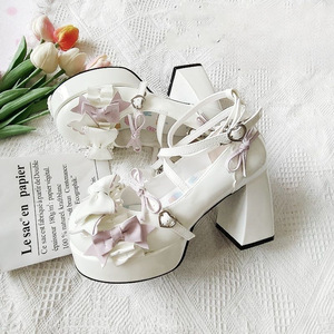 White Lolita <b>Platform</b> <b>Heels</b> With Bowknots And Lace-Up Closure Thick <b>Block</b> <b>Heel</b> Women Shoes Spring Style - Product Image 1