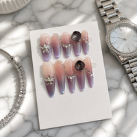 Ongles à presser en acrylique de luxe faits main Baolun, avec colle, motif œil de chat magnétique dégradé violet mystique, grandes pierres précieuses et breloques étoiles argentées