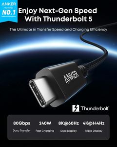 Cáp Anker Prime Thunderbolt 5, Cáp <span class=keywords><strong>USB</strong></span> C đến <span class=keywords><strong>USB</strong></span> C 3.3 Ft, sạc 240W, truyền dữ liệu 80gbps, băng thông lên tới 120Gbps - Product Image 2