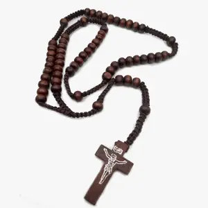 Komi Wholesales Religieux Catholique Perles En Bois À La Main Jésus Croix Pendentif Charme Chapelet Collier