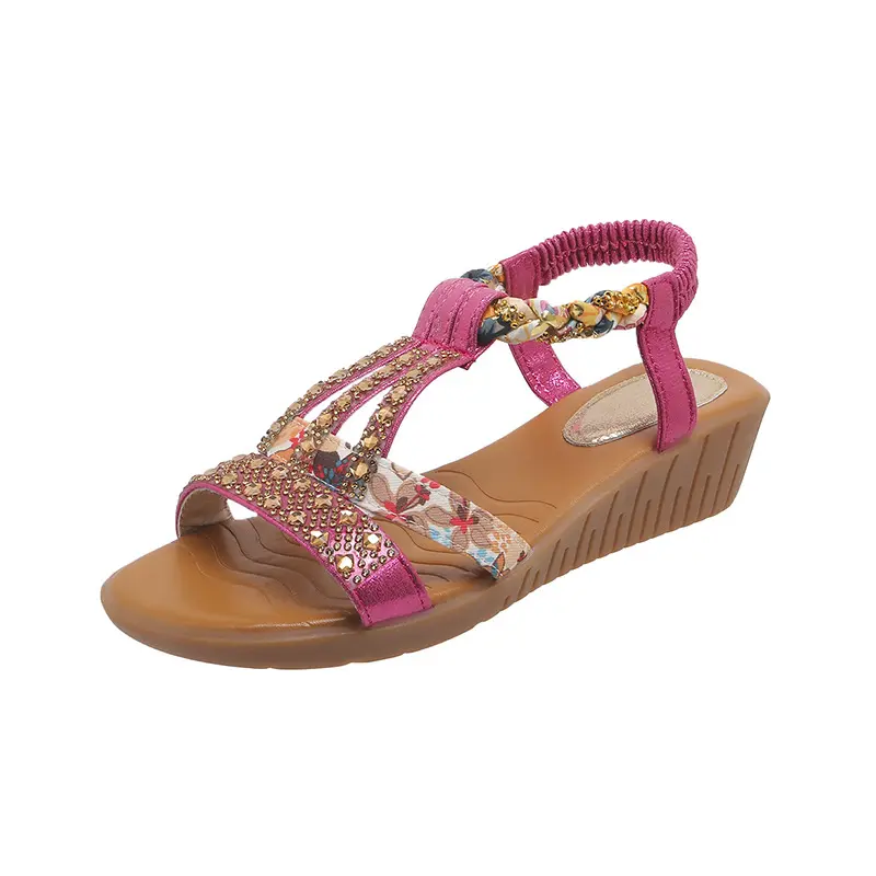 Nieuwe Oversized Casual Set Met Water Diamant Helling En Afgeronde Strandteen Wig Sandalen Bohemian Sandalen Zomercomfort Schoenen